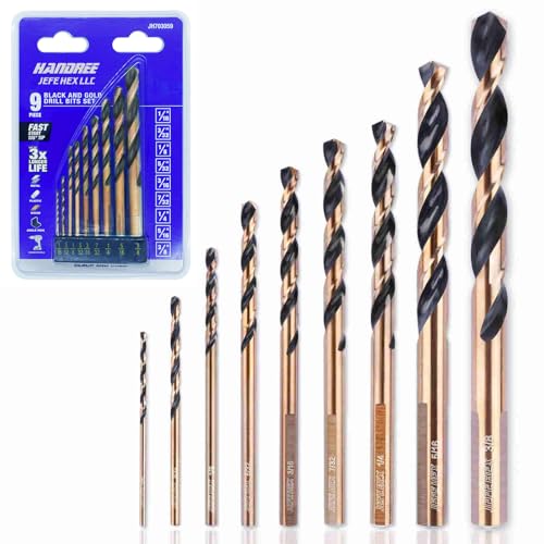 JEFE HEX 9-Piece Twist Drill Bits Set,3 Flat Shank with 135° Split Point,Jobber Drill Bit Set 1/16