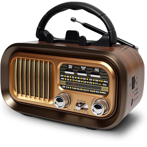 Radio Portatil Pequeña, Am/FM/SW Transistores Radio Vintage, Radio Bluetooth Retro Alimentada por Baterías Recargables de 1200mAh o Pilas D, Radio FM Soporta USB/Tarjeta TF/TWS