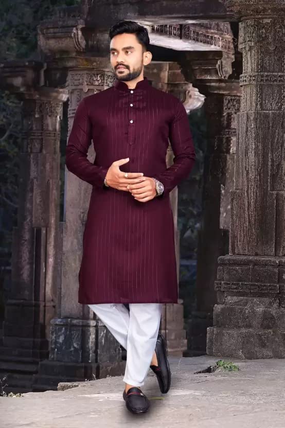Image of Gauri Laxmi Enterprise Men's Cotton Blend Zari Straight Lining Kurta (LNG K MRN 38 Maroon