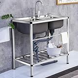 StainlessGastro - Fregadero con 1 cuenco con grifo mezclador, agua fría y caliente con doble estante de 80 x 43 x 21 cm, encimera para cocina o bar