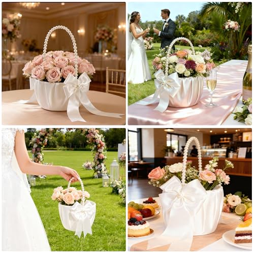 image for Happyiren Wedding Flower Girl Basket - Elegant Pearl Handle with Bow D