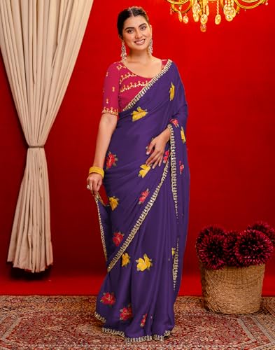 Image of SIRIL Women's Embroidery, Mirror Work, Scalloped Border Shimmer Georgette Saree With Unstitched Blouse Piece