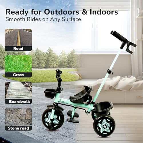 Image of R for Rabbit Tiny Toes R20 Ace Tricycle for Kids with Parental Control, Premium EVA Wheels, Seat Belt & Bell and Storage Basket | Baby Trike Cycle for 2 to 5 Year, Upto 25 Kg Boy /Girl (Aqua Blue)
