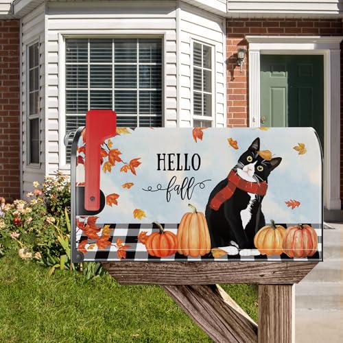 Image of Hello Fall Cat Pumpkin Maple Leaf Mailbox Cover Magnetic Standard Size 21x18 Inch Fall Autumn Decorative Post Letter Box Wrap Decor Garden Yard Decoration