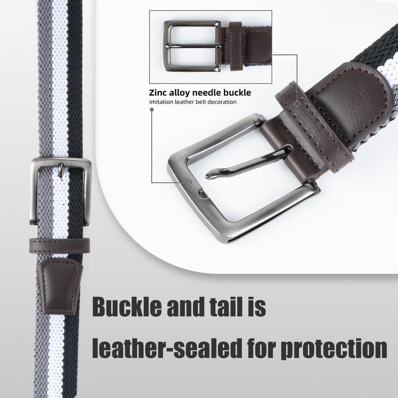 Elastic Braided Belt,13/8",Stretch Golf Belt Unisex for Men Women,Double Layer Woven Belt with Leather Buckle - Image 4