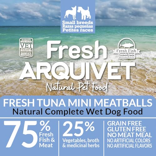 ARQUIVET – 6er-Pack frische Thunfisch-Fleischbällchen – Dosen mit MINI-Thunfisch-Fleischbällchen – 200-g-Dosen – Nassfutter für Hunde, alle Rassen