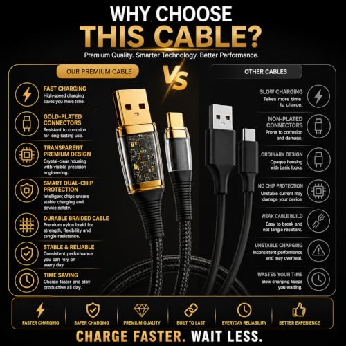 Image of USB-A to USB-C 120W Fast Charging Cable, 2M Braided Nylon, Super Fast Charging & Data Sync, Transparent Smart Chip Design, Durable Tangle-Free Charger Cable Compatible with All Device