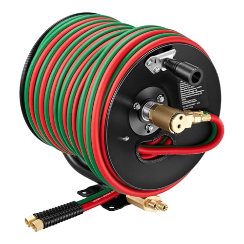 VEVOR Retractable Welding Hose Reel Hand Crank Manual Rewind Hose Reel with 1/4 Inch x 100FT Twin Oxygen Acetylene Rubber Hose Max 300PSI - T Grade Ceiling/Wall Mount Steel Reel for Workshop Garages