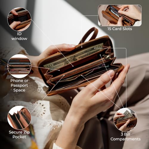 Image of Berliner Bags Lyon Premium Leather Wallet, RFID Protective Clutch, Purse or Purse for Women, camel, One Size, Vintage