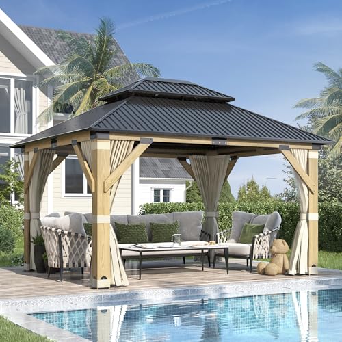 GARTOO 11’x13’ Outdoor Wooden Gazebo, Patio Galvanized Steel Wood Gazebo