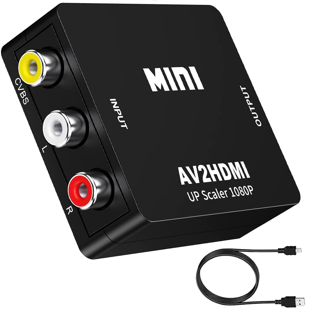 RCA to HDMI Converter, 1080P Mini RCA Composite CVBS AV to HDMI Video Audio Converter Adapter for PC Xbox PS4 PS3 VHS VCR DVD TV STB Support PAL/NTSC with USB Power Cable
