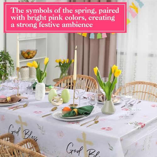 Image of Ganeen 3 Pcs God Bless Baptism Tablecloth First Holy Communion Table Cloth Pink Disposable Plastic Religious Table Cover Waterproof for Christening Baby Shower Baptism Party Decorations, 54 x 108 Inch