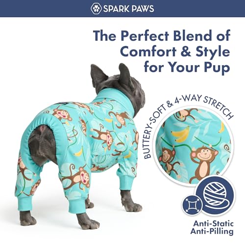 Image of Spark Paws Dog Pajama, Dog Recovery Suit Male, Onesie, Ultra-Soft and 4-Way Stretch, for Small Medium and Large Breeds - Monkey Business - M
