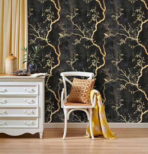 LaiTique Black and Gold Wallpaper – Tree Peel and Stick Wallpaper, Self-Adhesive Vinyl with Elegant Branch and Bird Design for Luxe or Art Deco Decor, 17.7in x 118in by LaiTique - Image 3