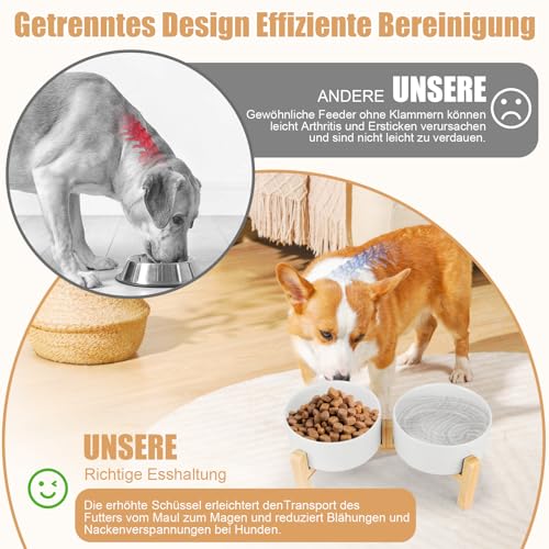 2er Set Hundenapf Keramik, Hundenapf Set Erhöht Hundenapf, 850ml Doppel Futternapf Hund mit Bambus Ständer, für Kleine und Mittelgroße Hunde, rutschfest Futterstation, Fressnapf Hund und Wassernapf