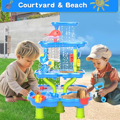Doloowee Wasserspieltisch für Kinder, Sand und Wasser Tisch Spielzeug mit Zubehör, 4-Tier Aktivität-Tisch für Toddler, Sommer Strand Spielzeug für Kinder 2 3 4 5 Jahre Alt