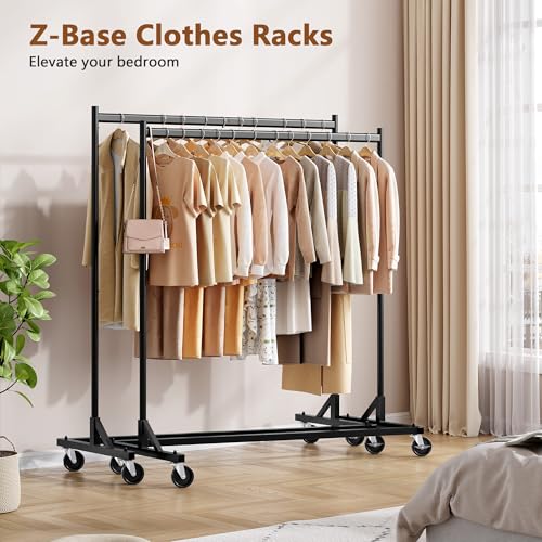 Image of Hoctieon Z Rack Set of 2, Rolling Clothing Racks with Z-Base, Heavy Duty Garment Racks Set of 2, Clothes Rack on Wheels with Brakes, Clothes Organizer Rack Set of 2, Black