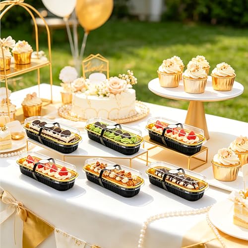 Image of NPLUX Loaf Pans with Lids, 50 Pack Black Gold 6.8oz for Weddings | Use for cake slices, loaf cuts, tiramisu and truffle layers; clear top helps buyers see the finished look.
