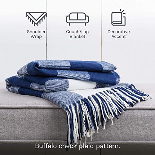 Buffalo Plaid Throw Blanket For Couch - Farmhouse Throw With Check Pattern - Soft Woven With Decorative Fringe - Lightweight For Bed, Sofa, Chair, Office, Outdoor - 50 X 60 In. (Navy Blue) #TOP2