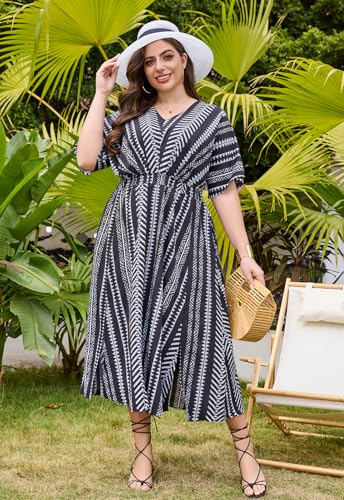Image of Keluummi Plus Size Summer Wedding Guest Maxi Dresses for Curvy Women, Casual Floral 3 /4 Sleeve Emipre Waist V Neck Long Dress