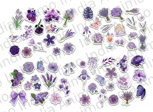 Image of 65 Purple Flower Aesthetic Fanart Sticker Pack Perfect for Laptop Computer Car Water Bottle Travel Case Guitar Luggage Motorbikes (Water Resistant, Residue-Free Removal)