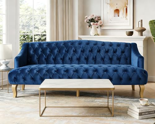 Image of Merax 3 Seater Velvet Couch Sofa with Hi-Back & Solid Wood Birch Legs, Mid-Century Modern Style Deep Seat Upholstered Couches for Living Room, Bedroom, Apartment Furniture, Dark Blue