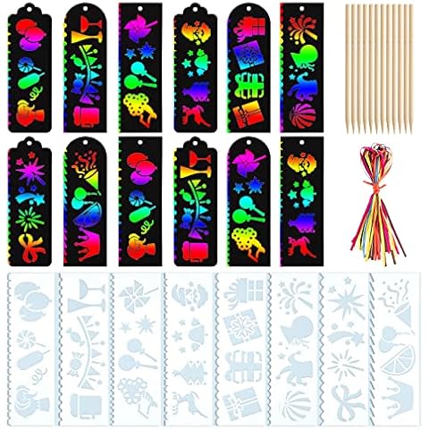Bookmarks for Children 24 Pcs Rainbow Scratch Bookmark Kit with Drawing Stencils and Wooden Stylus for Kids Party Bag Filler, Birthday Gift, DIY Cover