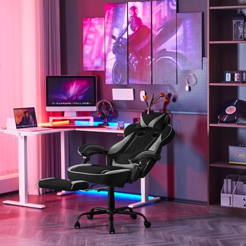 Sedia Gaming Ergonomica | Tessuto Traspirante Fresco D'estate | Schienale Regolabile Poggiapiedi | per Gaming Ufficio Relax | Sedile ampio e comodo per Persone di Taglia Grande | Nero+Grigio - Sedia gaming - Immagine 1