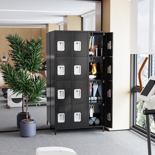Image of Aobabo 12 Doors Metal Storage Locker for Employees, Storage Locker with 12 Hooks for Garage School Office Gym, Black, Assembly Required