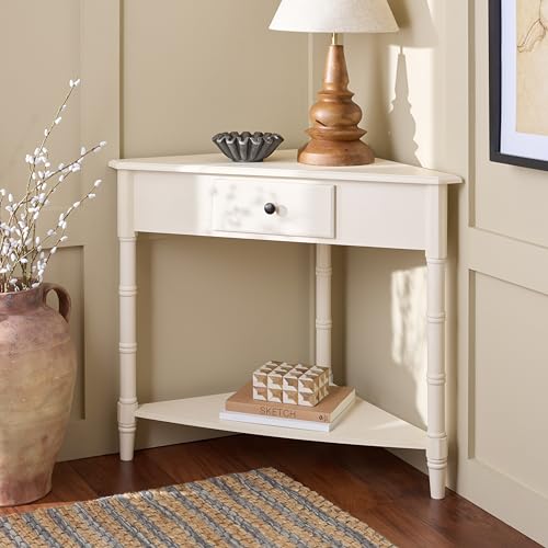 Image of SAFAVIEH Furniture - Gomez 1-Drawer Corner Table - Ivory - Solid Wood - Classic Corner Storage Design - Ideal for Entryway, Living Room, Home Office, 33.1 inch W x 17.3 inch D x 28 inch H (AMH5709K)