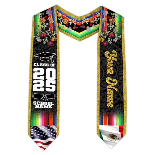 MonkeyVan Personalized Mexican Graduation Sash, Mexican American Flag Graduation Stole Graduation Stole Class Of 2025 Mexico Mxc 13