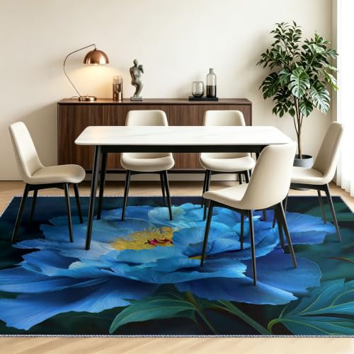 Alfombra lavable 90x150 con base antideslizante y diseño floral de peonías azul para interior 8