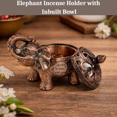 Image of Metal Trunk Up Elephant Incense Holder with Lid - Decorative Dhoop Batti Holder | Antique Copper Finish Loban Burner for Home Temple, Meditation & Spiritual Decor