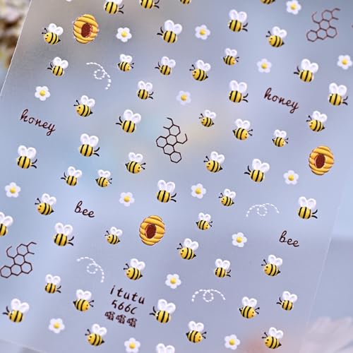 Image of Bee Nail Stickers Flower Nail Decals with Honeycomb Design 5D Embossed Self Adhesive Nails Charms Supply for Women DIY Manicure Decoration