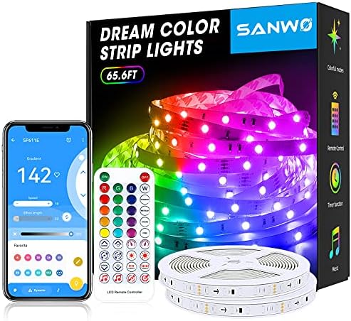 Sanwo RGB IC Led Strip Light 65.6ft Dream Color 360 LEDs, 142 Dynamic Chasing Modes, Remote and APP Control, Sync with Music for Bedroom