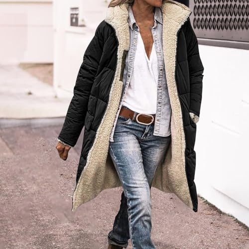 Generisch Wintermantel Damen Lang Warm Gefüttert Kapuzenmantel Reversibel Sherpa Fleece Lang Pufferjacken mit Kapuze Frauen Winterjacke Outdoorjacke Steppmantel Übergang Parka Oversize Fleecemantel
