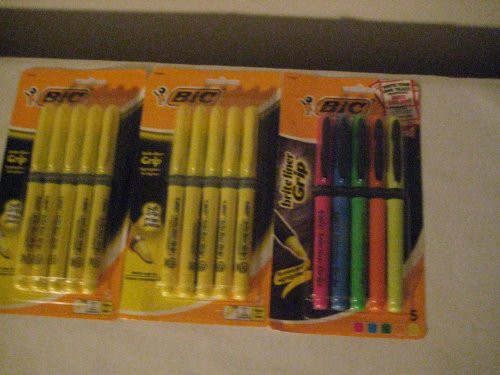 BIC Brite Liner Grip Highlighter, Chisel Tip, 2 Yellow, 5 per Package Highlighters and a Free Multi-Color Bic Highlighters (total amount of 3 Packs)