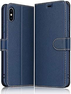 ELESNOW Case Compatible with iPhone X/XS, High-grade Leather Flip Wallet Phone Case Cover for Apple iPhone X/XS (Deep Blue)