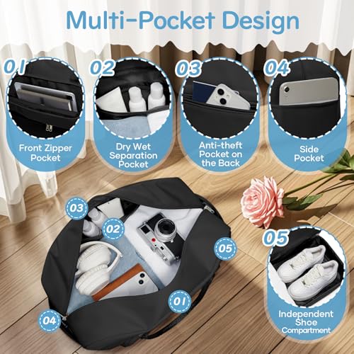 Image of Travel Duffle Bag,Weekender Bags for Women with Shoe Compartment Personal Item Travel Bag Carry on Overnight Bags For Airplanes Gym Duffel Bag with Wet Pocket Hospital Bag for Labor and Delivery Black