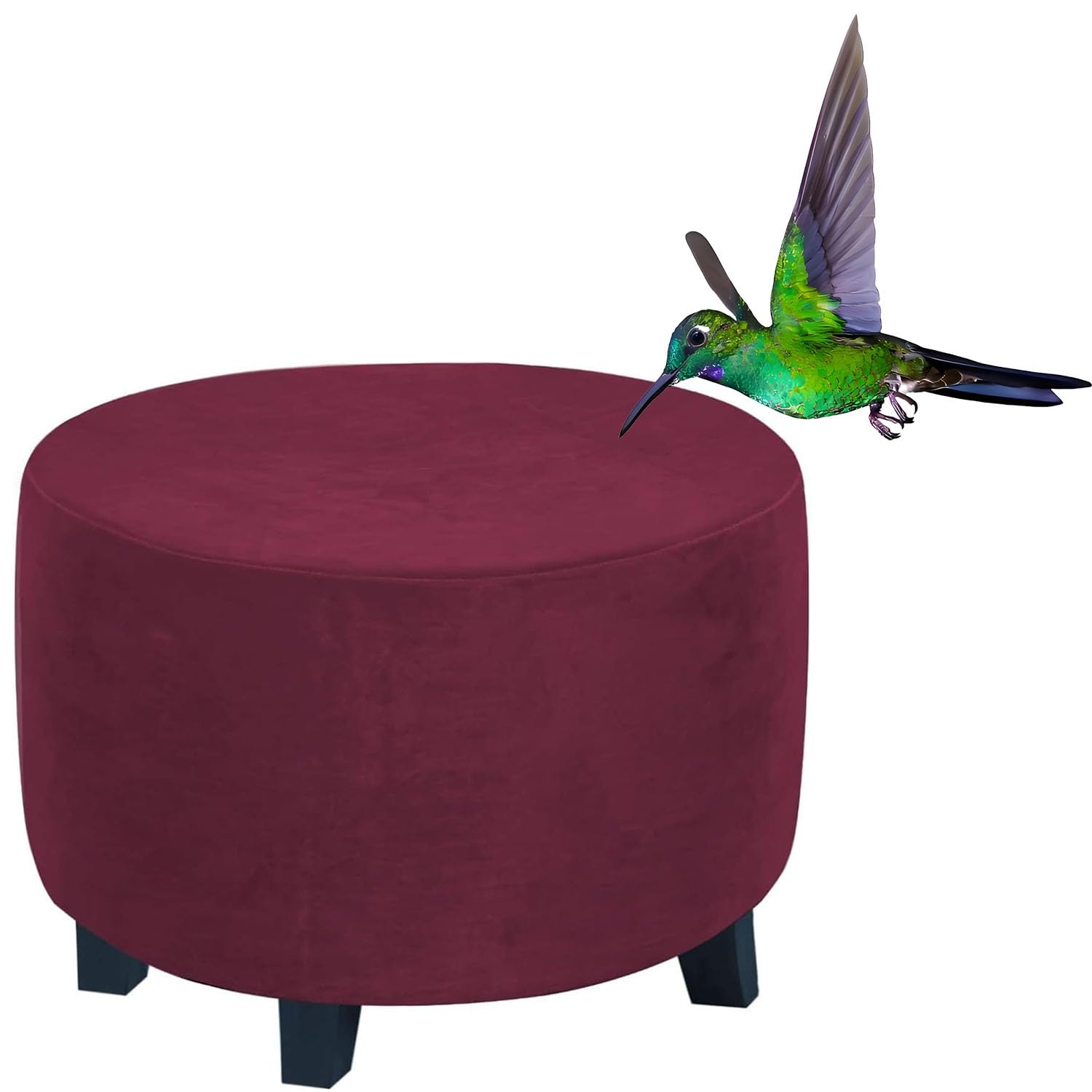 RTSFKFS Round Velvet Ottoman Cover, Stretch Luxury Foot Stool/Footrest Slipcover Pouffe Protector Hassock Covers with Elastic Bottom, Dustproof Removable Washable(Burgundy,22"(55-59cm))