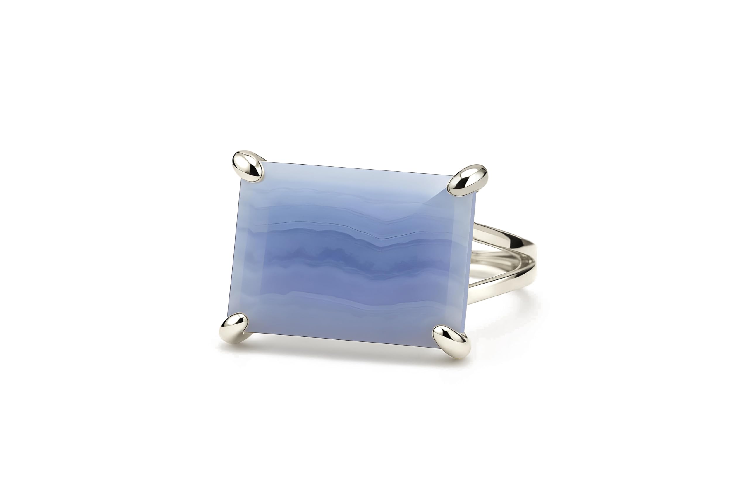 Anillo de Ágata Azul Encaje - Joya de Cóctel Rectangular en Oro Rosa - Anillo Ancho con Piedra Semipreciosa para Mujer