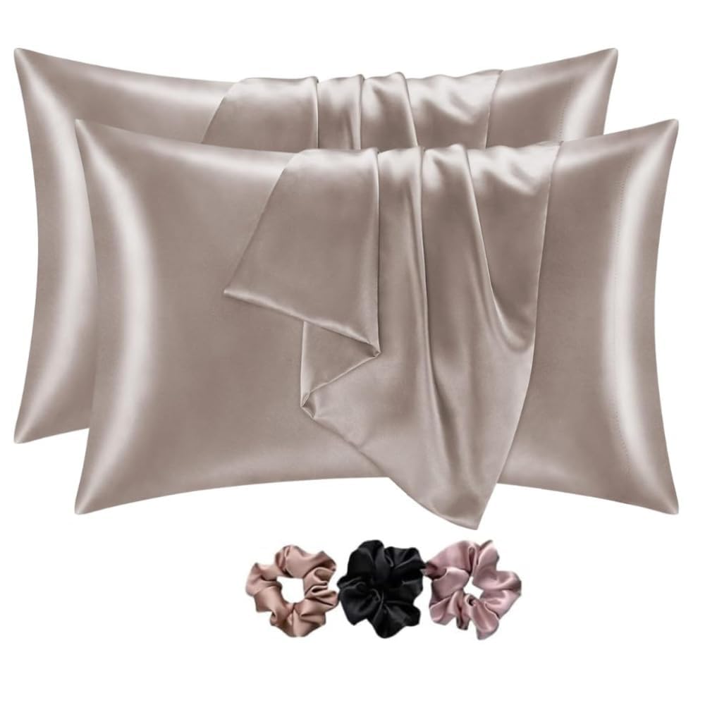 GO WELL Solid Satin Silk Pillow Covers Pack of 2 for Hair and Skin-with Satin Scrunchies |Satin Pillow coves for Hair and Skin|scrunchies for Women 3-Piece|Silk Pillow case (NewRose) 600TC