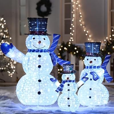 JOIEDOMI 3 Pcs 3D Christmas Collapsible Snowman Yard Light 270 Pre-Lit LED Cool White Lights for Indoor Outdoor Garden Holiday Décor, Xmas Event Decoration, Christmas Eve Night, Blue Scarf