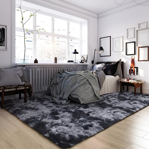 HOMORE 8'x10' Area Rugs for Living Room, Soft Fluffy Rug for Bedroom, Non Slip Shaggy Plush Carpet for Kids Nursery Toddler, Tie Dye Rugs for Room Floor Decor, Dark Gray/Black