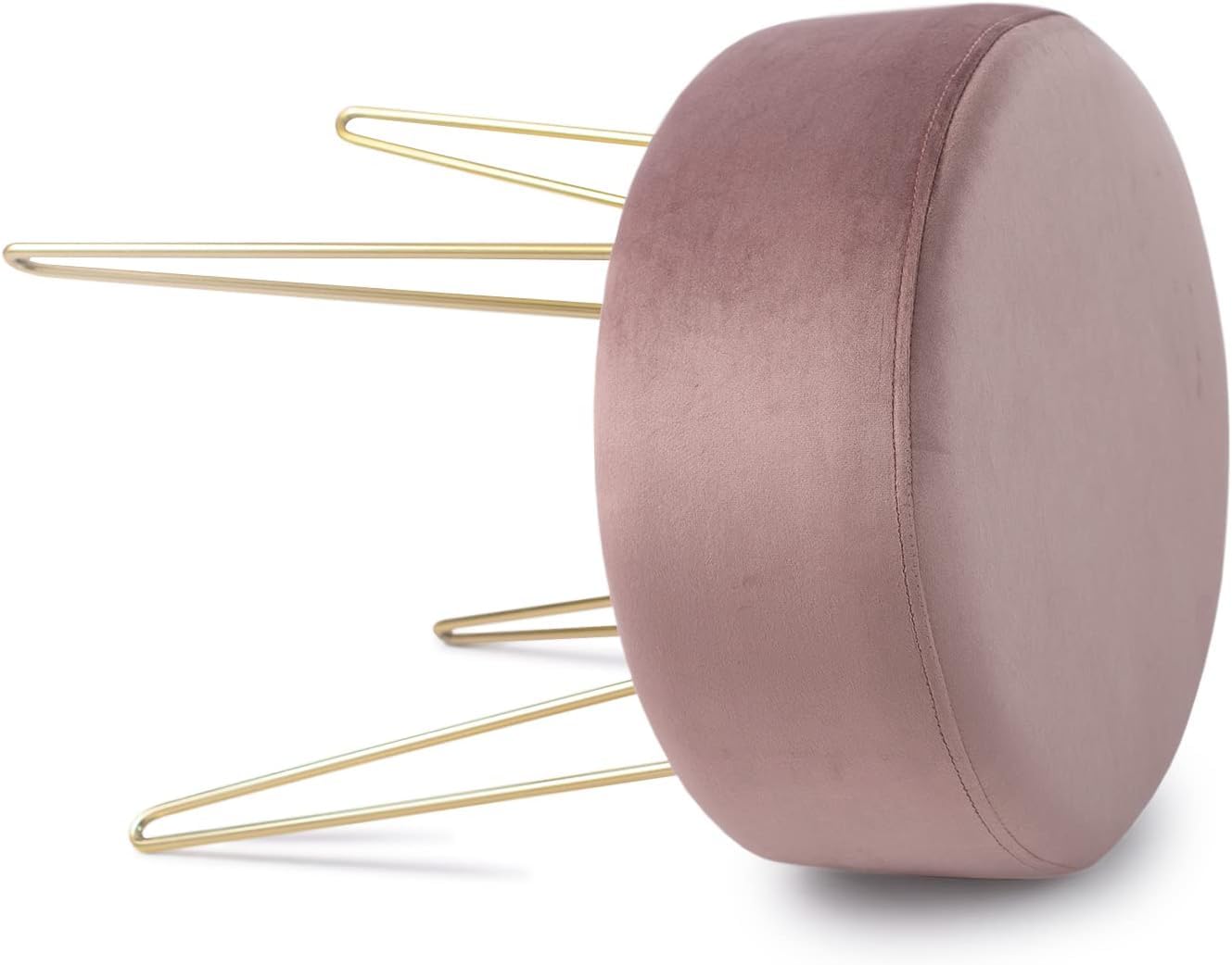 Taburete Redondo de Terciopelo Ø37×45cm con Patas de Metal Rosa para Tocador