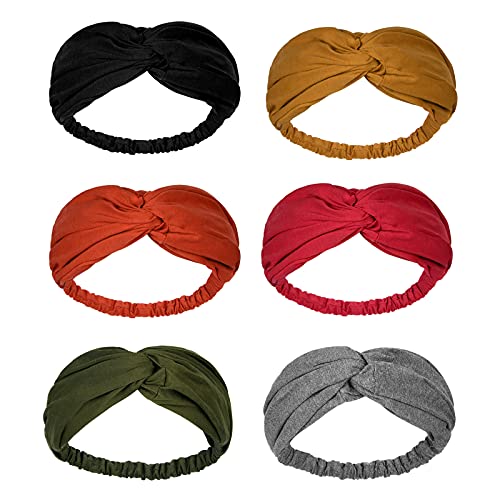 Hatiis 6 Pack Wide Headbands for Women Non Slip Twist Knotted Stretchy Hair Bands for Girls Vintage Cross Turban Plain Headwrap Yoga Workout Vintage Hair Accessories (6pack-pure4, One Size)