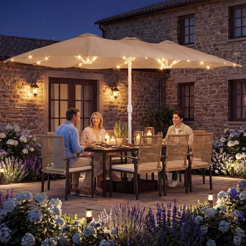 Rotihom 15ft Double-Sided Patio Umbrella with Solar Lights and Base Included Large Patio Umbrella with 48 LED Dual-Color Lights 135 Sq Ft Shade Area Patio Table Umbrella for Pool Outddor Deck (Champagne)