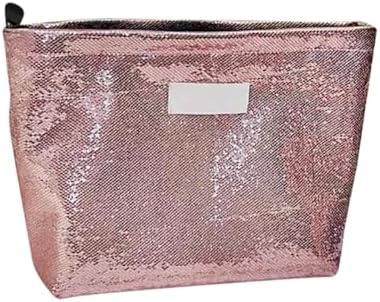 Shiny Makeup Bag Canvas Cosmetic Bag Zipper Toiletry Pouch Cute Cosmetic Handbag Makeup Packing Pouch Travel Accessories Organizer Bag Coin Purse Pouch Feminine Product Bag Pink image 4