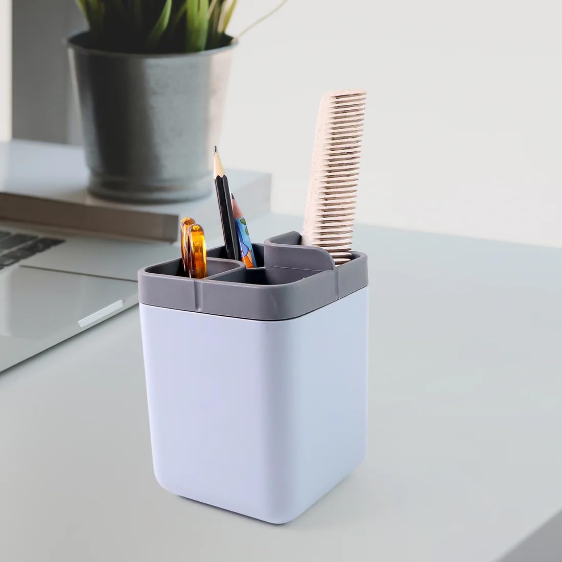 SUPERMOM Organizer Storage Box - Multi-Compartment Desk Organiser with 4 Sections for Pens, Makeup, Brushes, Stationery & Office Supplies, Durable Plastic Utility Holder, Compact & Space-Saving (1 Pc)