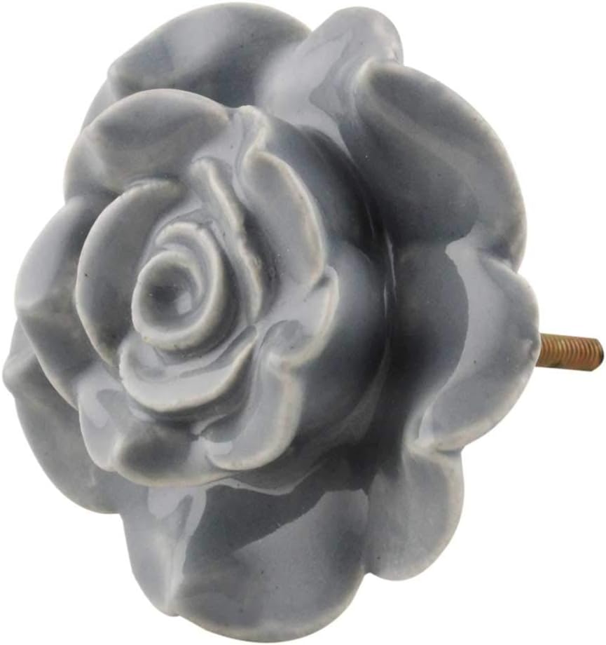 IndianShelf 8 Piece Flower Grey Ceramic Decorative Dresser Handles Drawer Knobs Cabinet Pulls Elegant Hardware
